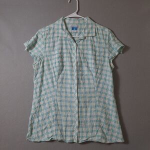 Columbia Shirt Women Large Teal White Crinkle Lightweight Short Sleeve Travel